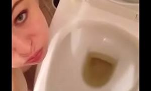 Sexy brunette teen floozy guzzles boyfriends piss abandon men's room